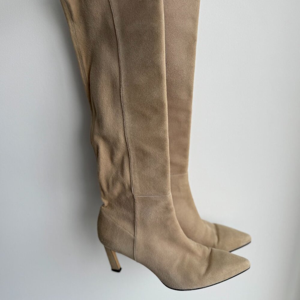 Stuart Weitzman Demi 75 Tall Suede Boots – US 8 Beige Knee High With Dust Bag